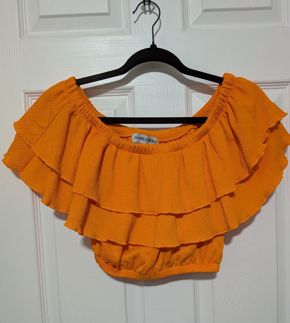 Almost Famous Off The Shoulder Ruffle Crop Top Small Yellow Orange Boho Festival